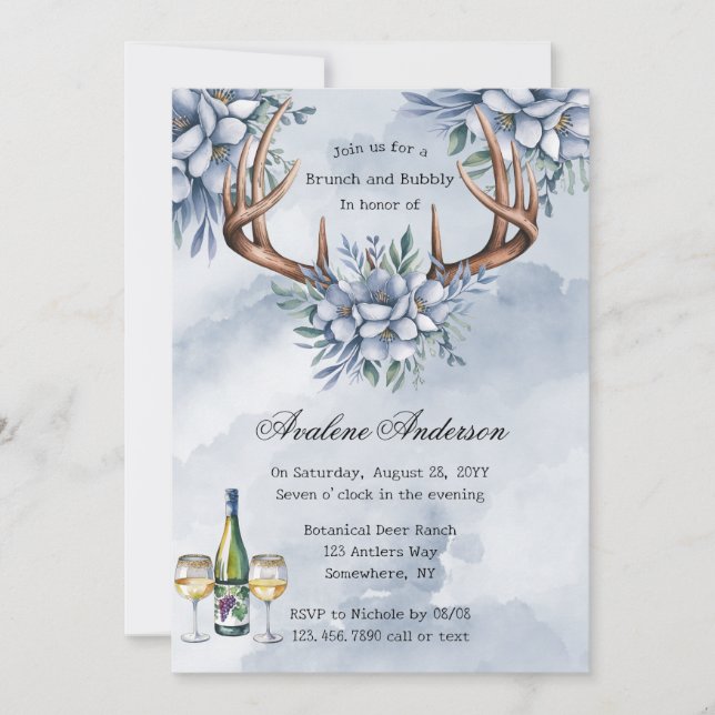 Boho Deer Antler Blue Floral Brunch & Bubbly Einladung (Vorderseite)