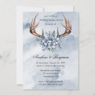 Boho Deer Antler Blue Floral Wedding Couple Dusche Einladung