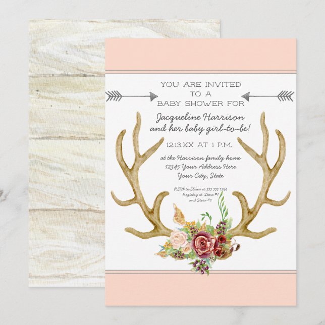 BOHO Deer Antler Blush Floral Baby Girl Dusche Einladung (Vorne/Hinten)