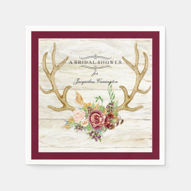 BOHO Deer Antler Fall Wasserfarbe Rose Blumenholz Serviette (Vorderseite)