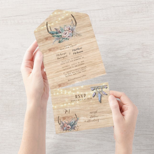 Boho Deer Antler Floral Wedding All In One Einladung (Abreißen)