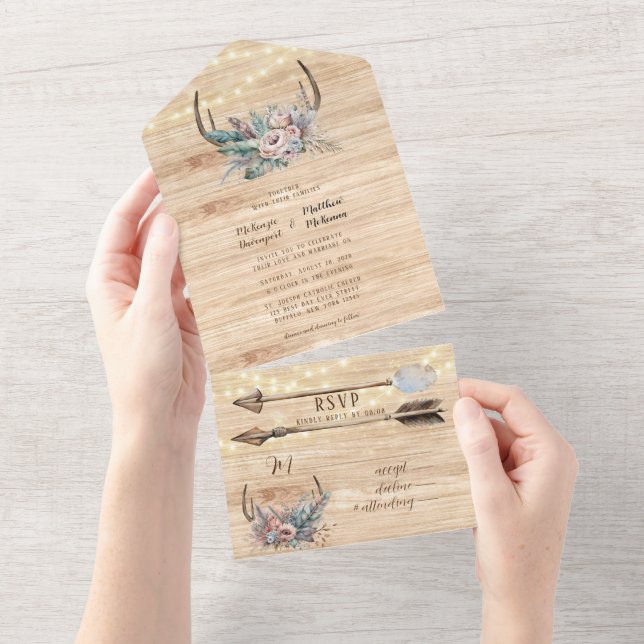 Boho Deer Antler Floral Wedding All In One Einladung (Abreißen)