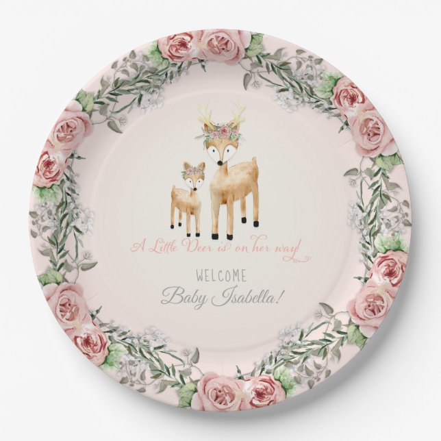 BOHO Deer Antler Rose Baby Girl Dusche Kunst Pappteller (Vorderseite)