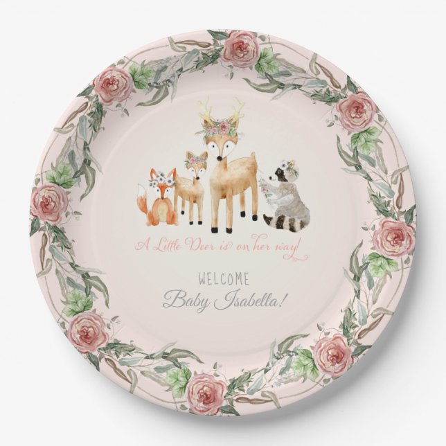 BOHO Deer Antler Woodland Animals Baby Girl Pappteller (Vorderseite)
