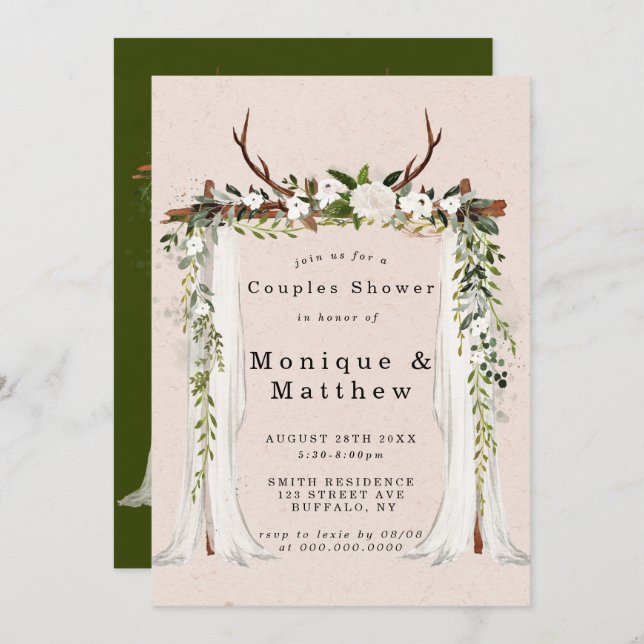 Boho Deer Antlers Canopy Couples Douche Invitation (Devant / Derrière)