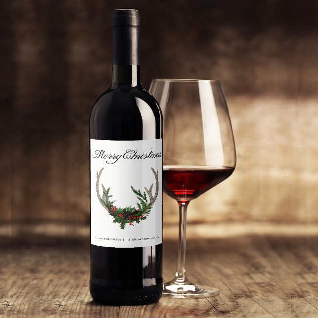 Boho Deer Antlers | Rustikale Weihnachtsblume Weinetikett (Von Creator hochgeladen)