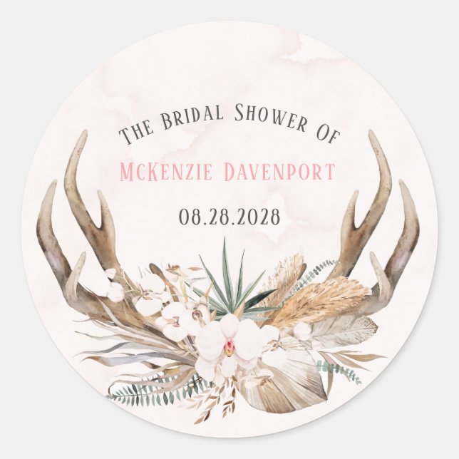 Boho Deer Antlers und Florals Brautparty Runder Aufkleber (Vorderseite)