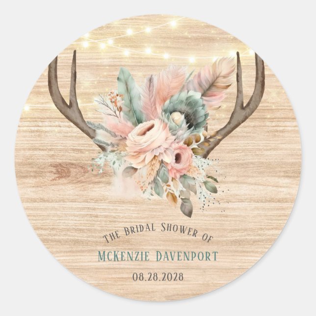 Boho Deer Antlers und Florals Wood Brautparty Runder Aufkleber (Vorderseite)