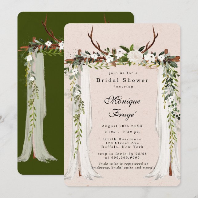 Boho Deer Antlers White Canopy Chic Brautparty Einladung (Vorne/Hinten)