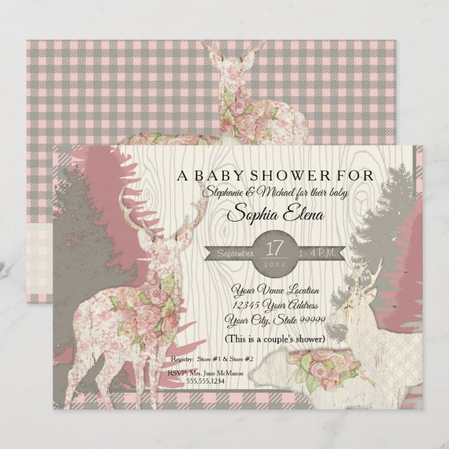 Boho Deer Bear Woodland Forest Kariert Baby Dusche Einladung (Vorne/Hinten)