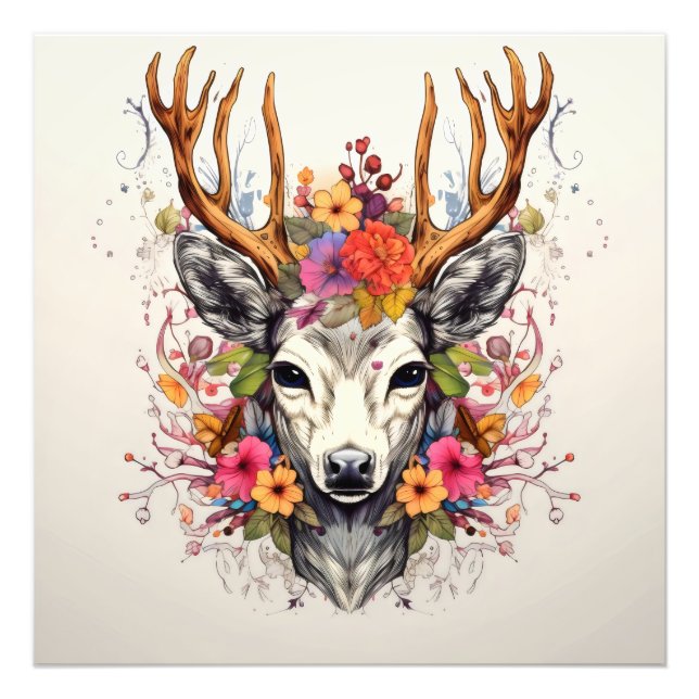 Boho Deer farbenfrohe Blume Fotodruck (Vorne)