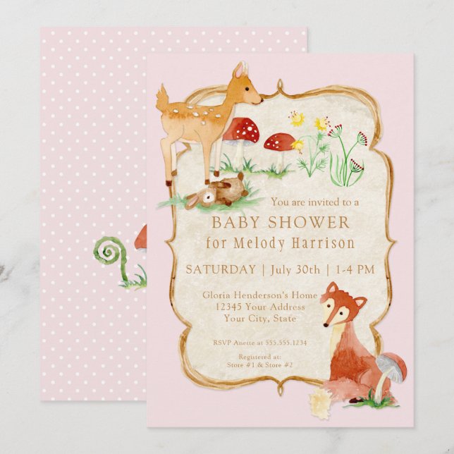 BOHO Deer Fox Owl Forest Pink Girl Baby Dusche Einladung (Vorne/Hinten)