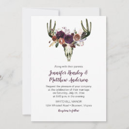 Boho Deer Skull Dark Lila Floral Bouquet Wedding Einladung
