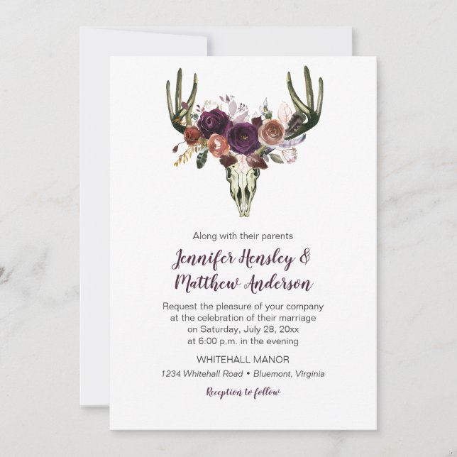 Boho Deer Skull Dark Lila Floral Bouquet Wedding Einladung (Vorderseite)