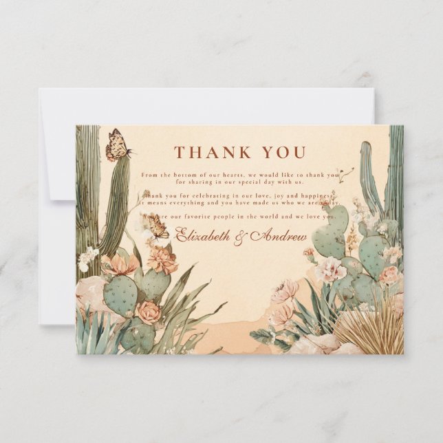 Boho Desert Cactus Floral Wedding Dankeskarte (Vorderseite)