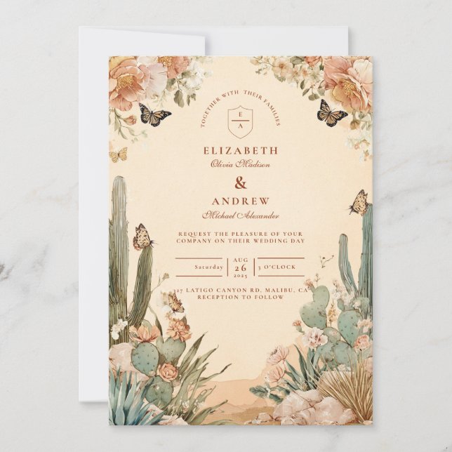 Boho Desert Cactus Floral Wedding Einladung (Vorderseite)
