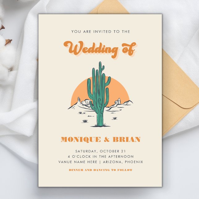 Boho Desert Groovy Retro Cactus & Foto Wedding Einladung (Von Creator hochgeladen)