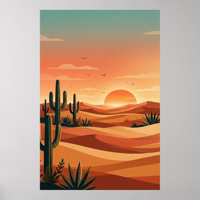 Boho Desert Sunset Dunes with Cactus & Flying Bird Poster (Vorne)