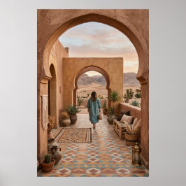 Boho Desert Woman Walking to Sunset Arches, Cactus Poster