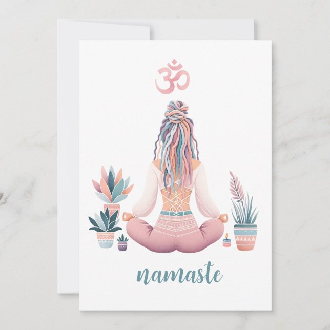 Boho Design- Frau mit Dreadlocks- Meditation- OM Einladung (Vorderseite)