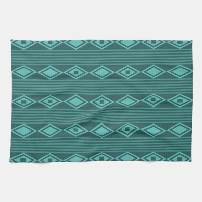 Boho Diamonds Stripes Aquamarin Geschirrtuch (Horizontal)