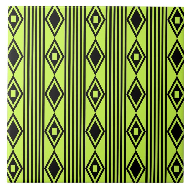 Boho Diamonds Stripes Black Chartreuse Fliese (Vorderseite)