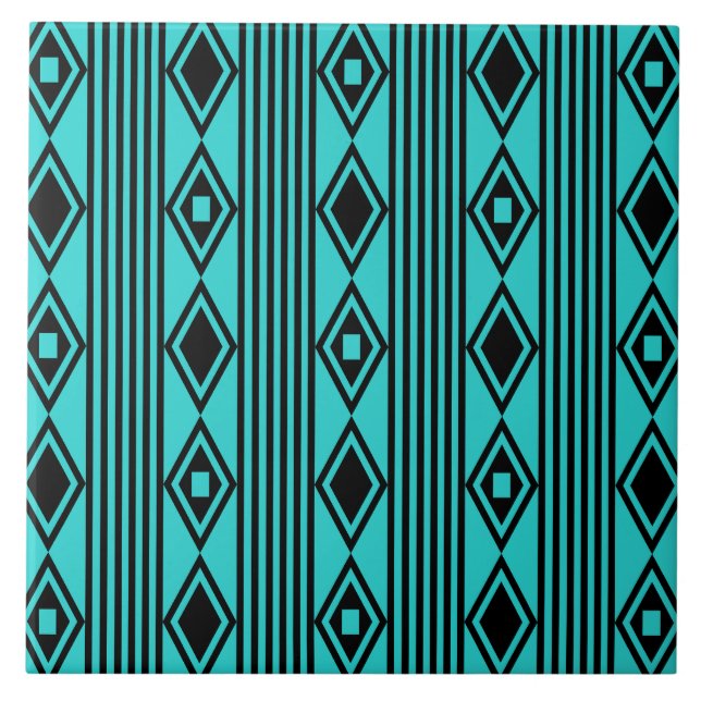Boho Diamonds Stripes Black Türkise Fliese (Vorderseite)