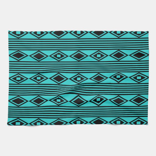 Boho Diamonds Stripes Black Türkise Geschirrtuch (Horizontal)
