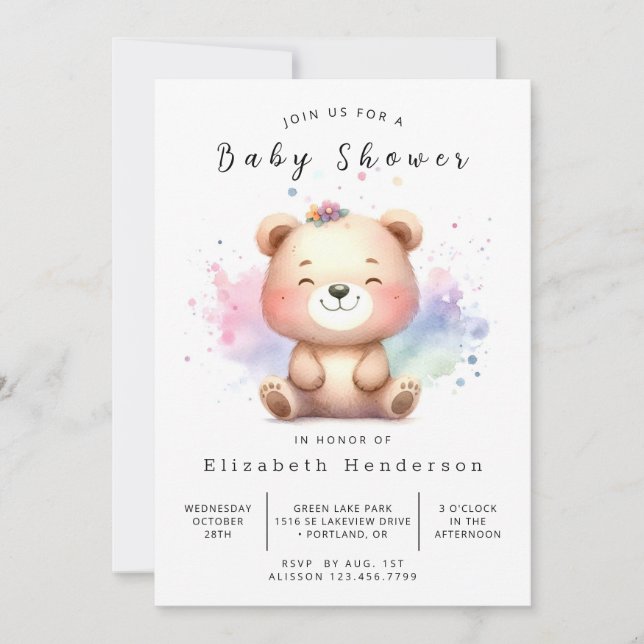Boho Digital Bear Baby Dusche Einladung (Vorderseite)