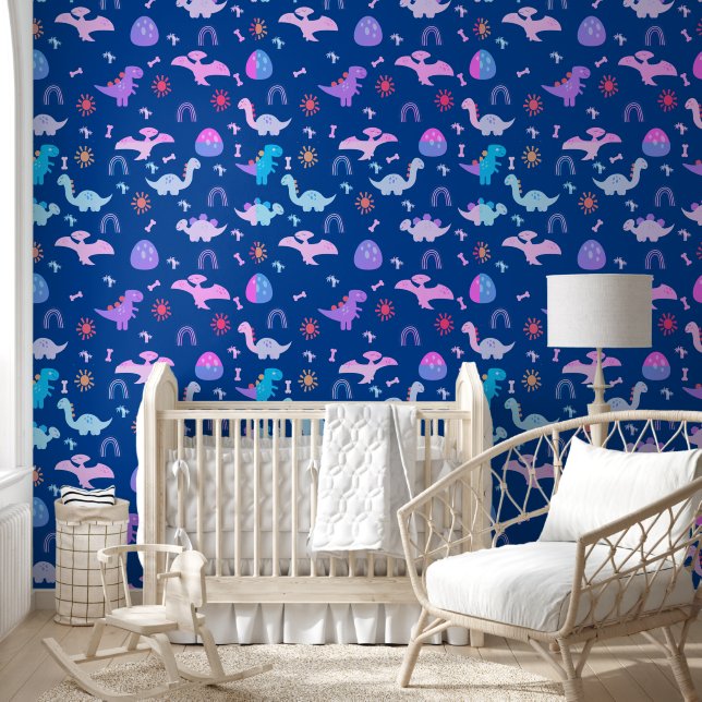 Boho Dinosaurs farbiges dunkles blaues Kinderzimme Tapete (Kinder)