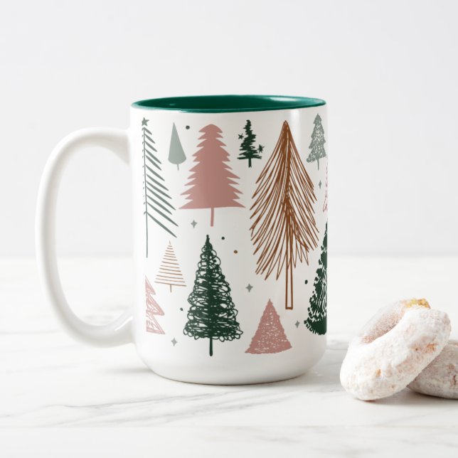 Boho Doodle Christmas Tree Pattern Zweifarbige Tasse (Mit Donut)