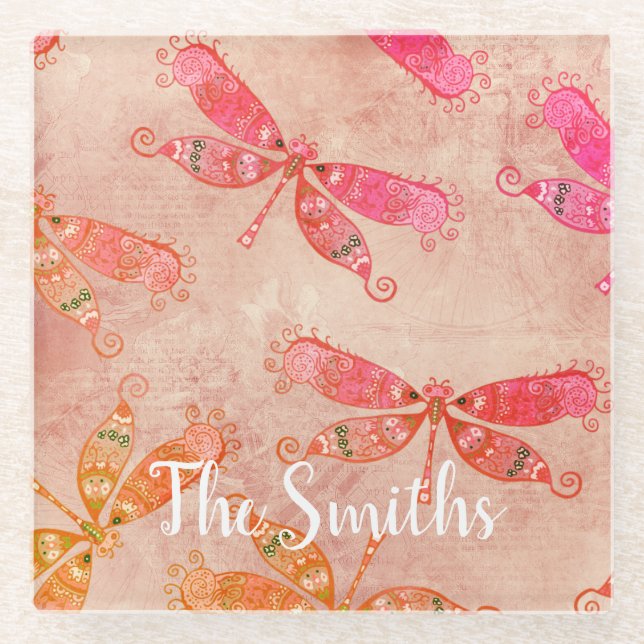 Boho Dragonfis in Rosa Glasuntersetzer (Vorderseite)