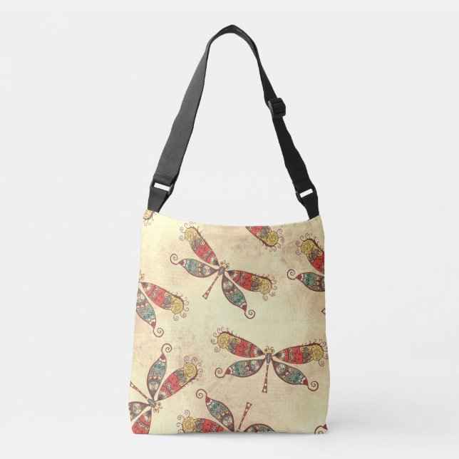 Boho Dragonflies in Sepia Tragetaschen Mit Langen Trägern (Vorderseite)