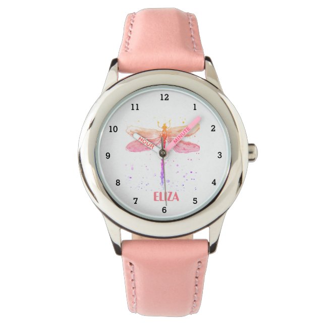 Boho Dragonfly Niedlich Girls Pink Pastel Armbanduhr (Vorderseite)