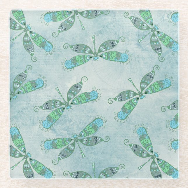 Boho Dragonfts in Blau Glasuntersetzer (Vorderseite)