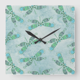 Boho Dragonfts in Blau Quadratische Wanduhr