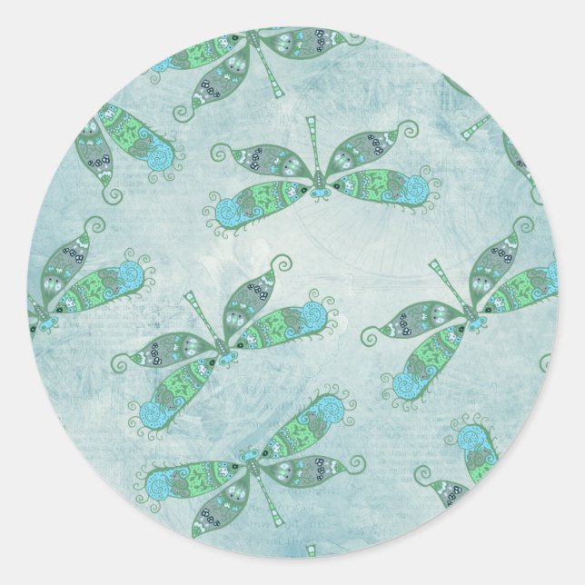 Boho Dragonfts in Blau Runder Aufkleber (Vorderseite)