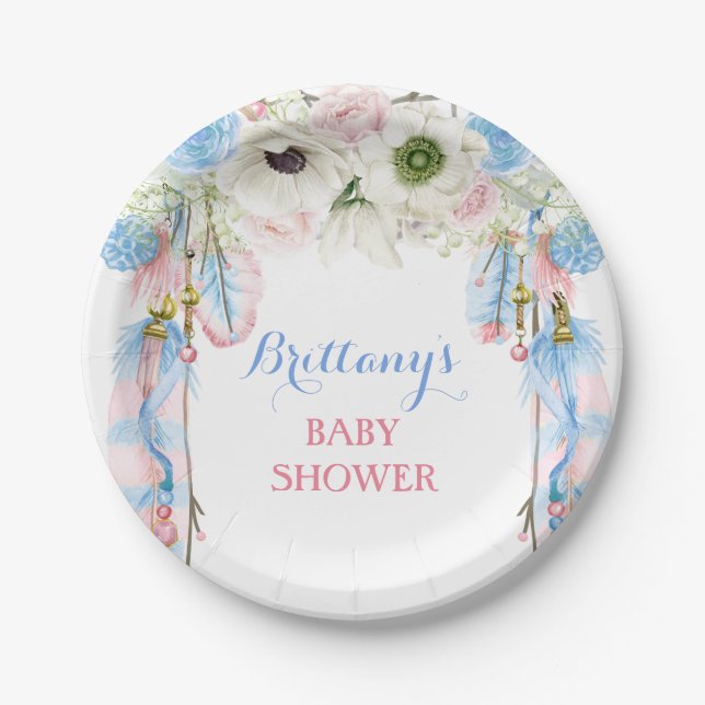 Boho Dream Catcher Feather Tribal Blue Pink Pappteller (Vorderseite)