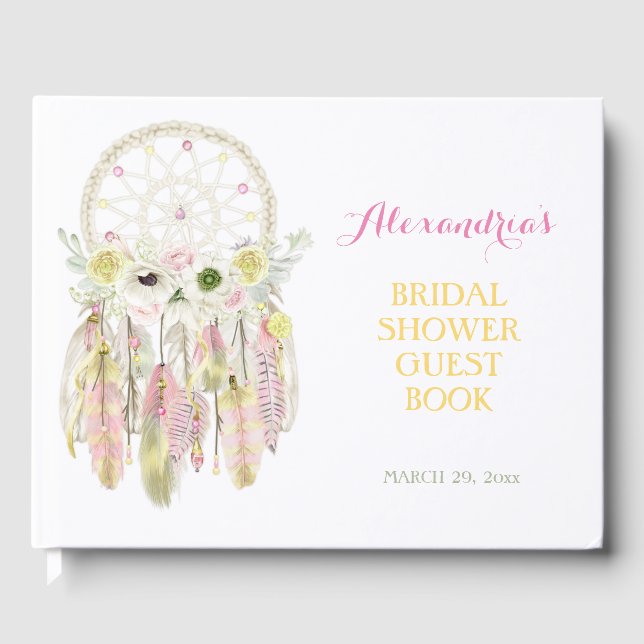Boho Dream Catcher Pink Yellow Feathrows Arrows Gästebuch (Vorderseite)