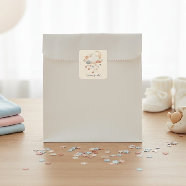 Boho Dream Cloud Baby Shower Quadratischer Aufkleber (Baby shower gift favor bag sticker)