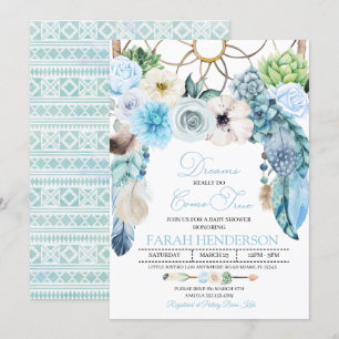 Boho Dreamcatcher Baby shower bleu Invitation