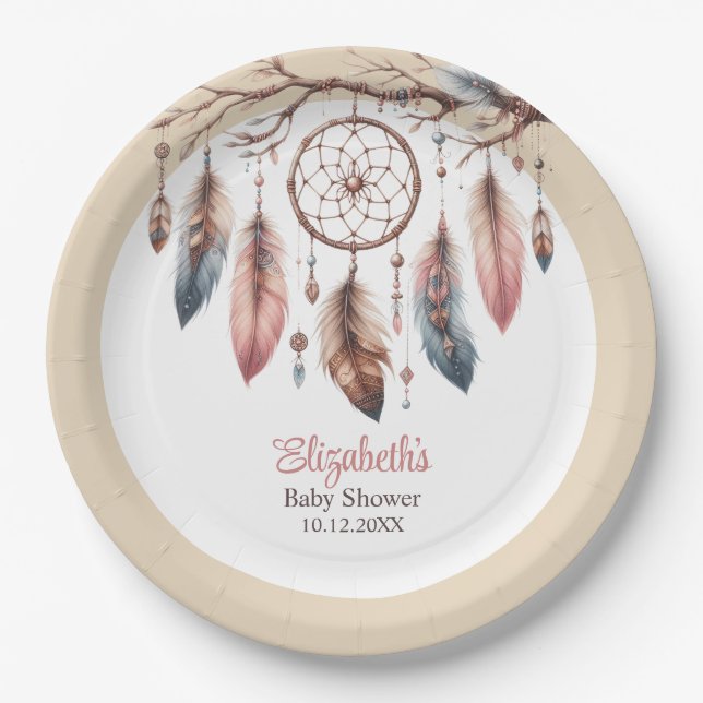 Boho Dreamcatcher Custom Baby Shower Paper Plate Pappteller (Vorderseite)