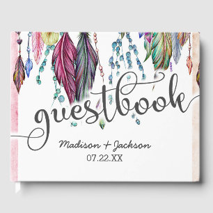 Boho Dreamcatcher & Feathers Pink Wedding Monogram Gästebuch