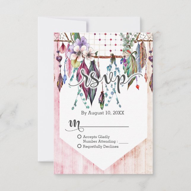 Boho Dreamcatcher & Feathers Pink Wedding RSVP Karte (Vorderseite)