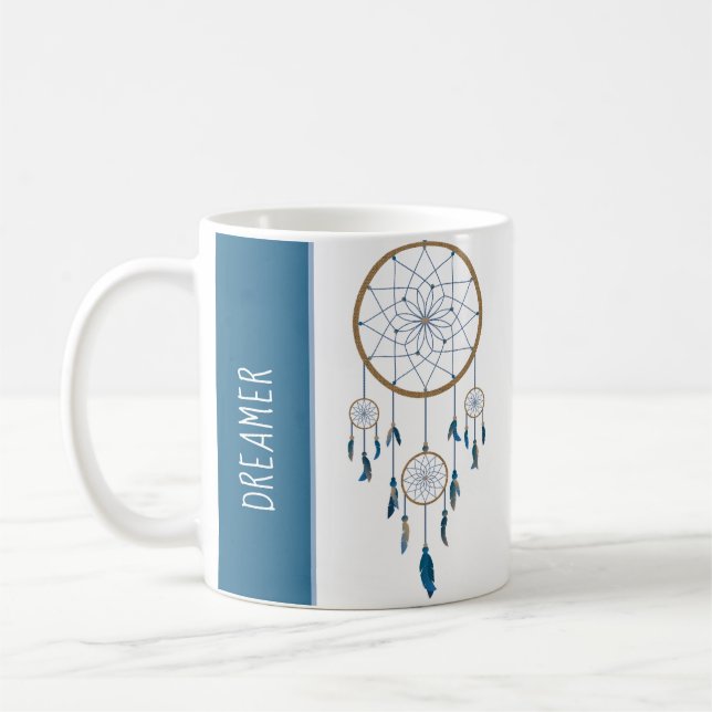 Boho Dreamcatcher Four Web Blue Feathers Kaffeetasse (Links)