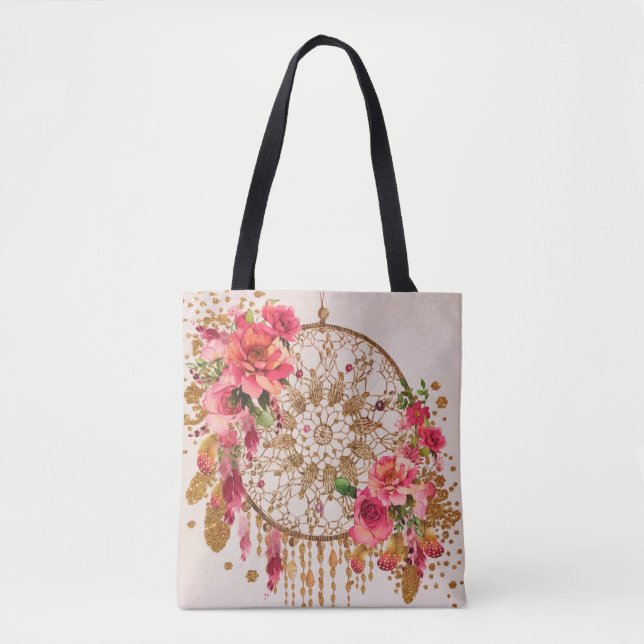 Boho Dreamcatcher Pink Gold Floral Tasche (Vorderseite)