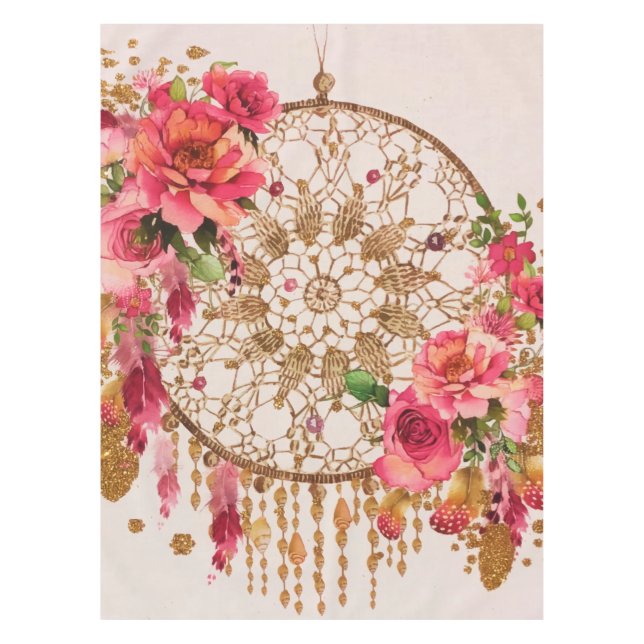 Boho Dreamcatcher Pink Gold Floral Tischdecke (Vorderseite)