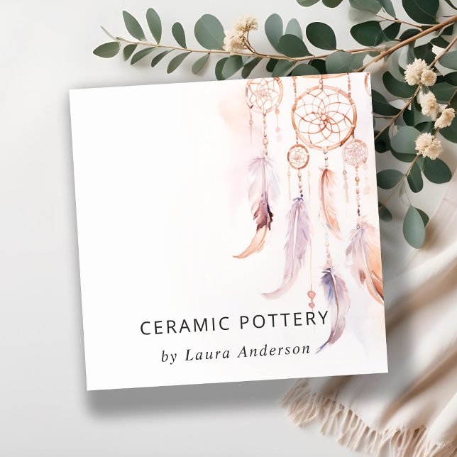Boho Dreamcatcher Watercolor Lilac Blush Peach Quadratische Visitenkarte (Von Creator hochgeladen)