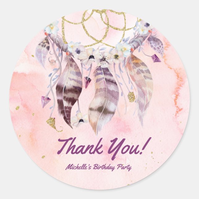 Boho Dreamcatcher Watercolor Pink Runder Aufkleber (Vorderseite)