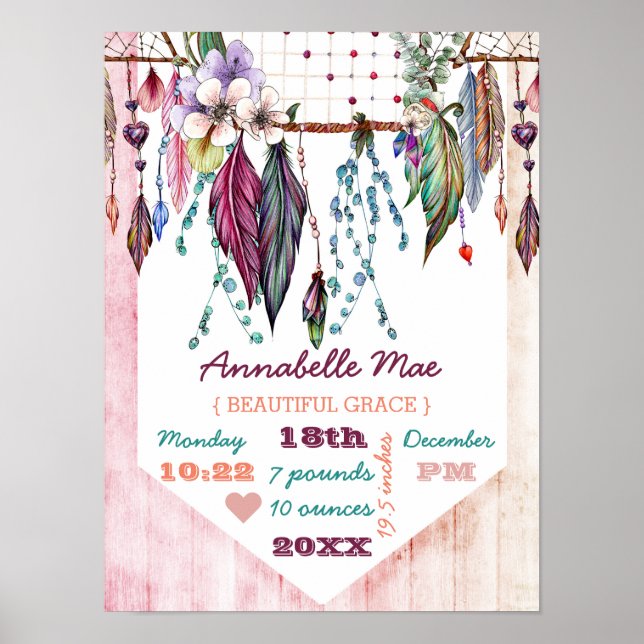 Boho Dreamcatcher & Wood Baby Girl Birth Stats Poster (Vorne)